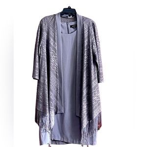 R&M Richards Grey Sheath Dress with Gray lace Long Sleeve shawl jacket  fringe